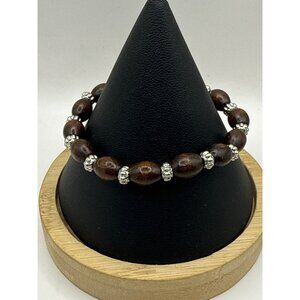 Boho Dark Wood Bead Stretch Bracelet Silver Spacer Accents Unisex Zen Style